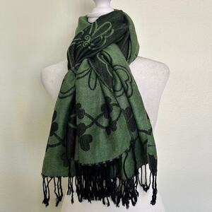 Silk Blend Wrap Scarf Shawl Pashmina Style Green Clover Design Tassel Hem